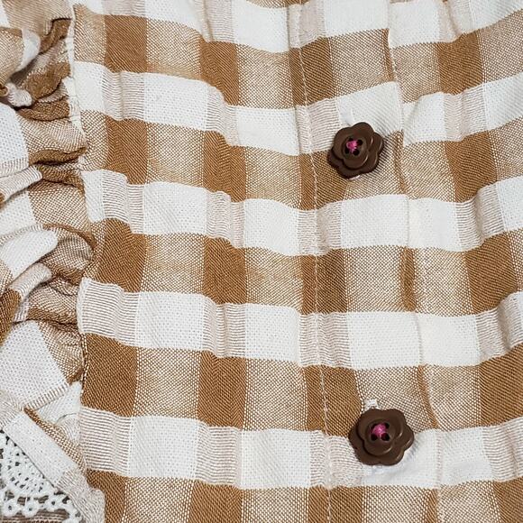 Matilda Jane Enchanted Garden Firefly Flutter Sleeve Top Sz 10 Tan Plaid Cottage - Picture 9 of 10